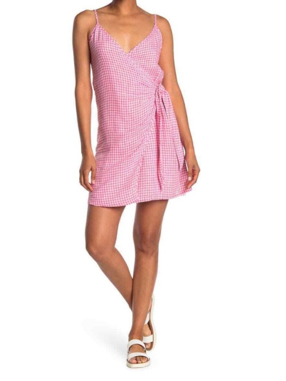 Rails NWT Malia Pink Gingham Wrap Linen Blend Side Tie Dress Strappy sz M